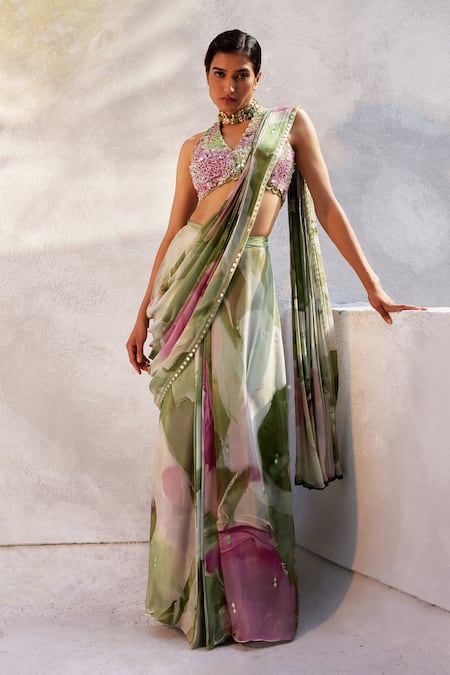 Basil Leaf Floral Pattern Pre-Draped Saree With Embroidered Blouse 