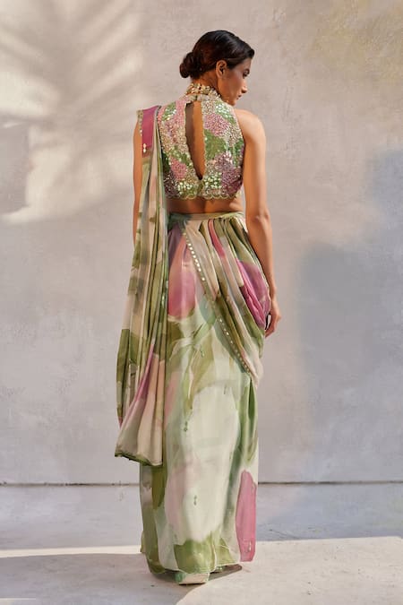 Basil Leaf_Green Chiffon Mirrors, Floral Pattern Pre-draped Saree With Embroidered Blouse _Online_at_Aza_Fashions