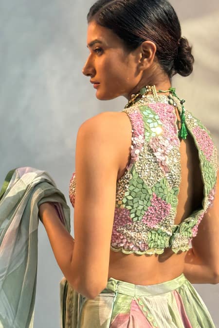 Shop_Basil Leaf_Green Chiffon Mirrors, Floral Pattern Pre-draped Saree With Embroidered Blouse _Online_at_Aza_Fashions