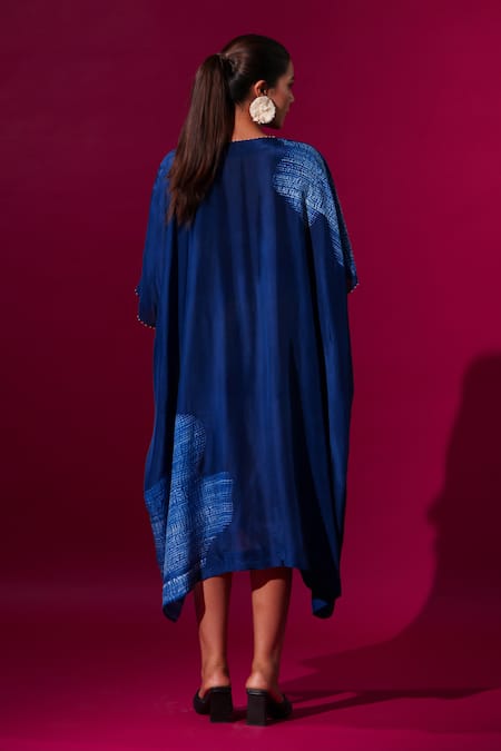 Shop_Stoique_Blue Upada Silk Shibori V-neck Divine Print Kaftan _at_Aza_Fashions