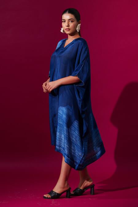 Stoique_Blue Upada Silk Shibori V-neck Divine Print Kaftan _Online_at_Aza_Fashions