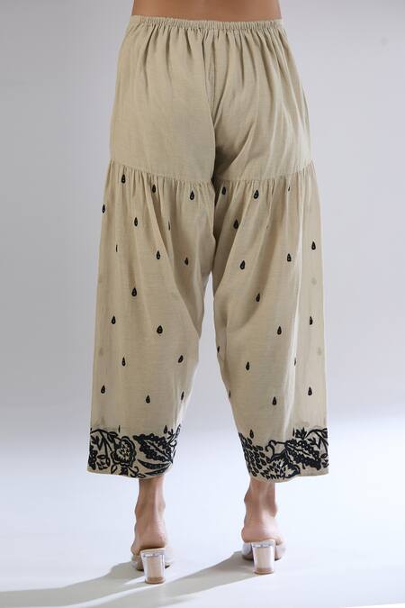 Peachoo_Beige Embroidery Thread Tear Drop Salwar _at_Aza_Fashions
