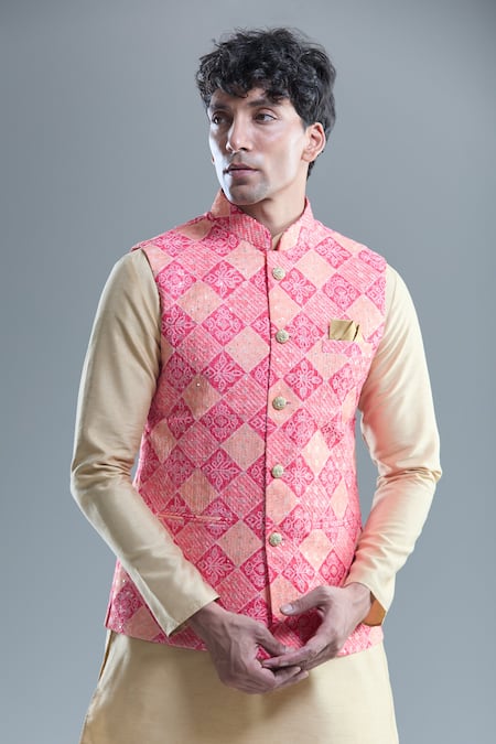 Arihant Rai Sinha_Pink Cotton Sequins, Embroidery Bandhani Woven Nehru Jacket _Online_at_Aza_Fashions