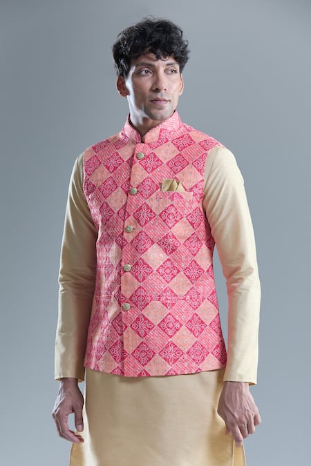 Buy_Arihant Rai Sinha_Pink Cotton Sequins, Embroidery Bandhani Woven Nehru Jacket _Online_at_Aza_Fashions