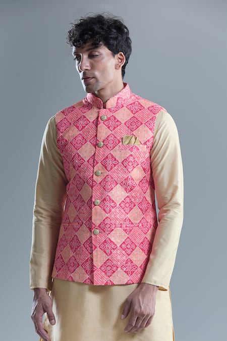 Shop_Arihant Rai Sinha_Pink Cotton Sequins, Embroidery Bandhani Woven Nehru Jacket _Online_at_Aza_Fashions