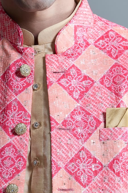 Buy_Arihant Rai Sinha_Pink Cotton Sequins, Embroidery Bandhani Woven Nehru Jacket 