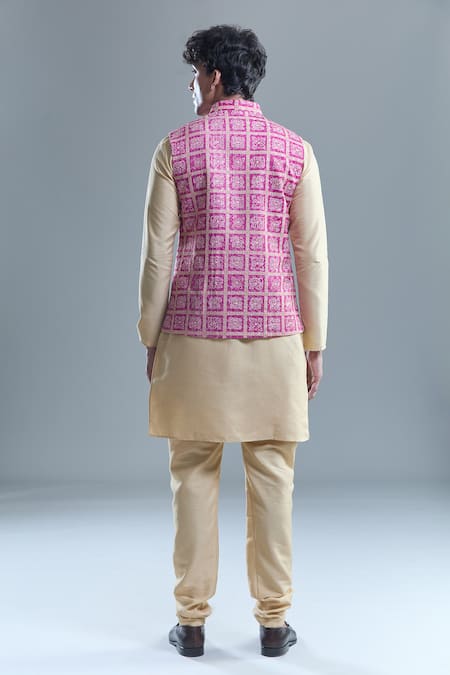 Shop Arihant Rai Sinha Pink Cotton Sequins, Embroidery Floral Bandhani Woven Nehru Jacket at Aza Fashions Shop_Arihant Rai Sinha_Pink Cotton Sequins, Embroidery Floral Bandhani Woven Nehru Jacket _at_Aza_Fashions