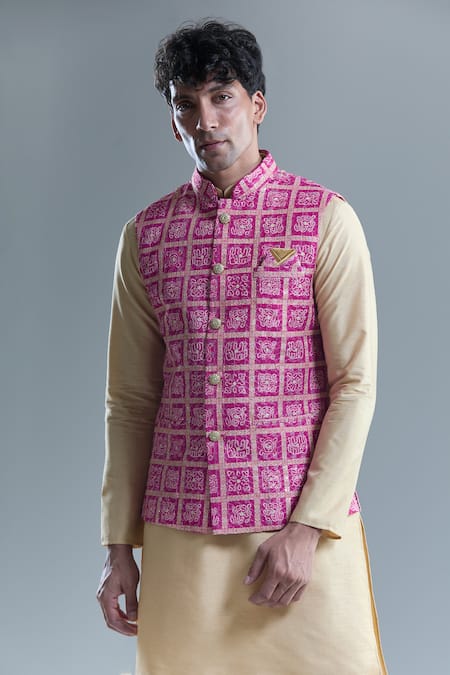 Arihant Rai Sinha Pink Cotton Sequins, Embroidery Floral Bandhani Woven Nehru Jacket Online at Aza Fashions Arihant Rai Sinha_Pink Cotton Sequins, Embroidery Floral Bandhani Woven Nehru Jacket _Online_at_Aza_Fashions