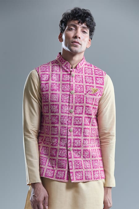 Buy Arihant Rai Sinha Pink Cotton Sequins, Embroidery Floral Bandhani Woven Nehru Jacket Online at Aza Fashions Buy_Arihant Rai Sinha_Pink Cotton Sequins, Embroidery Floral Bandhani Woven Nehru Jacket _Online_at_Aza_Fashions