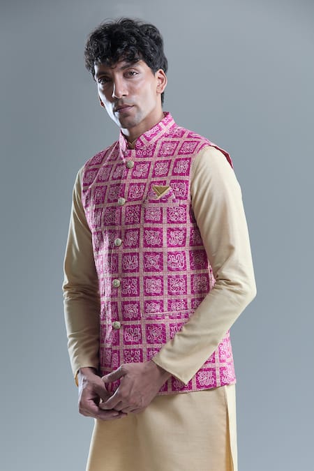 Shop Arihant Rai Sinha Pink Cotton Sequins, Embroidery Floral Bandhani Woven Nehru Jacket Online at Aza Fashions Shop_Arihant Rai Sinha_Pink Cotton Sequins, Embroidery Floral Bandhani Woven Nehru Jacket _Online_at_Aza_Fashions