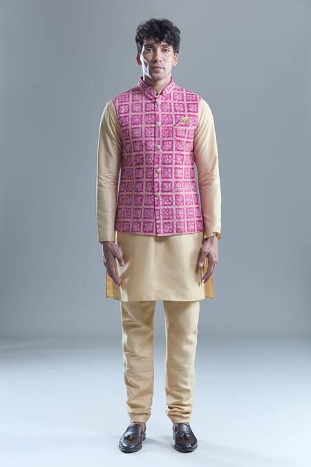 Arihant Rai Sinha Pink Cotton Sequins, Embroidery Floral Bandhani Woven Nehru Jacket at Aza Fashions Arihant Rai Sinha_Pink Cotton Sequins, Embroidery Floral Bandhani Woven Nehru Jacket _at_Aza_Fashions