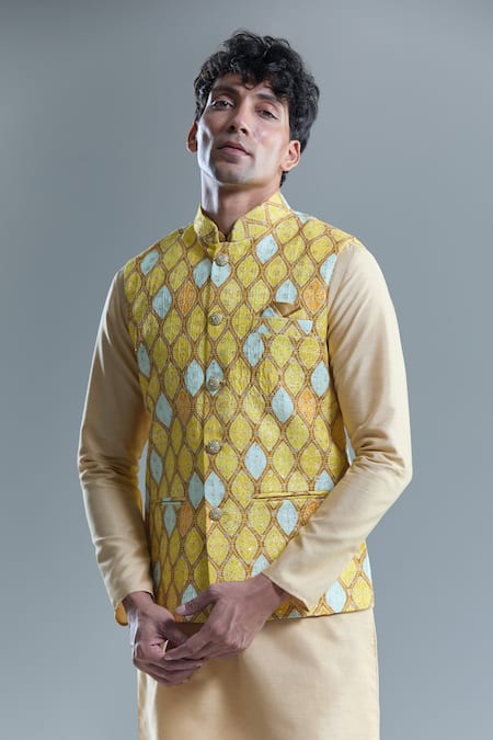 Buy Arihant Rai Sinha Yellow Cotton Sequins, Embroidery Geometric Bandhani Woven Nehru Jacket Online at Aza Fashions Buy_Arihant Rai Sinha_Yellow Cotton Sequins, Embroidery Geometric Bandhani Woven Nehru Jacket _Online_at_Aza_Fashions
