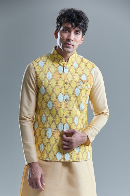 Shop Arihant Rai Sinha Yellow Cotton Sequins, Embroidery Geometric Bandhani Woven Nehru Jacket Online at Aza Fashions Shop_Arihant Rai Sinha_Yellow Cotton Sequins, Embroidery Geometric Bandhani Woven Nehru Jacket _Online_at_Aza_Fashions