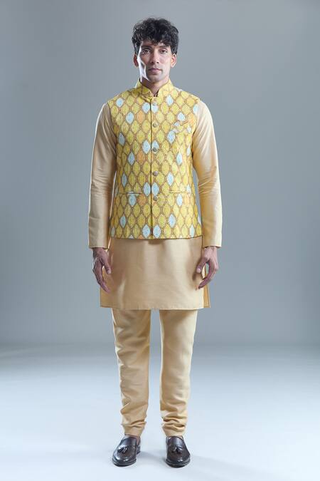 Buy Arihant Rai Sinha Yellow Cotton Sequins, Embroidery Geometric Bandhani Woven Nehru Jacket Buy_Arihant Rai Sinha_Yellow Cotton Sequins, Embroidery Geometric Bandhani Woven Nehru Jacket