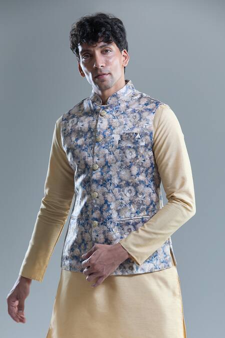 Shop Arihant Rai Sinha Yellow Cotton Embroidery Floral Woven Nehru Jacket Online at Aza Fashions Shop_Arihant Rai Sinha_Yellow Cotton Embroidery Floral Woven Nehru Jacket _Online_at_Aza_Fashions