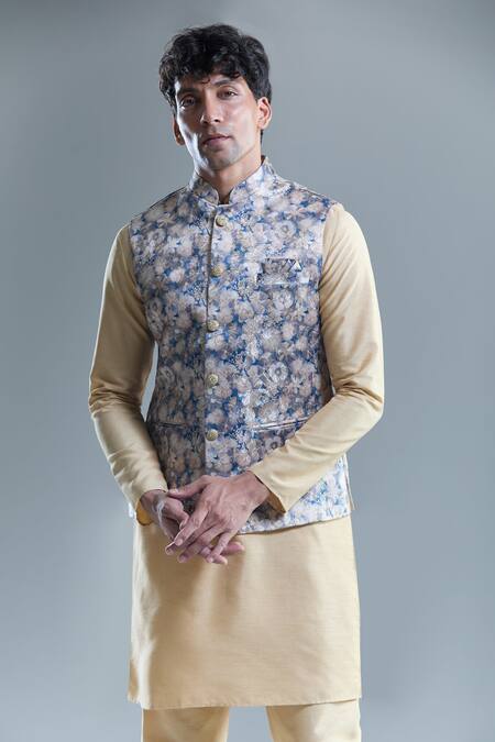 Arihant Rai Sinha Yellow Cotton Embroidery Floral Woven Nehru Jacket at Aza Fashions Arihant Rai Sinha_Yellow Cotton Embroidery Floral Woven Nehru Jacket _at_Aza_Fashions