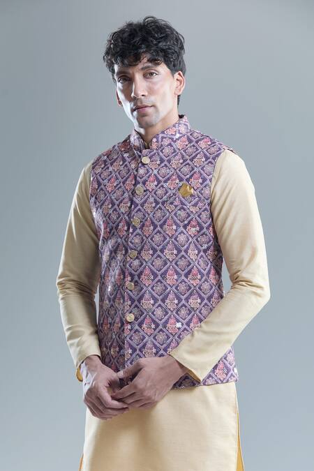 Arihant Rai Sinha Purple Cotton Embroidery, Sequins Floral Checkered Woven Nehru Jacket Online at Aza Fashions Arihant Rai Sinha_Purple Cotton Embroidery, Sequins Floral Checkered Woven Nehru Jacket _Online_at_Aza_Fashions