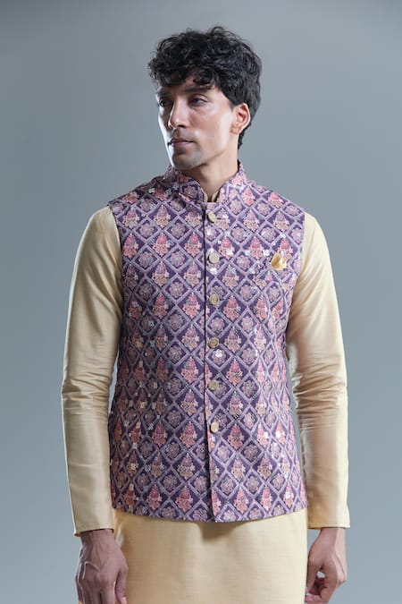 Buy Arihant Rai Sinha Purple Cotton Embroidery, Sequins Floral Checkered Woven Nehru Jacket Online at Aza Fashions Buy_Arihant Rai Sinha_Purple Cotton Embroidery, Sequins Floral Checkered Woven Nehru Jacket _Online_at_Aza_Fashions