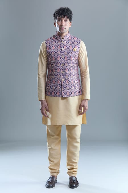 Shop Arihant Rai Sinha Purple Cotton Embroidery, Sequins Floral Checkered Woven Nehru Jacket Online at Aza Fashions Shop_Arihant Rai Sinha_Purple Cotton Embroidery, Sequins Floral Checkered Woven Nehru Jacket _Online_at_Aza_Fashions