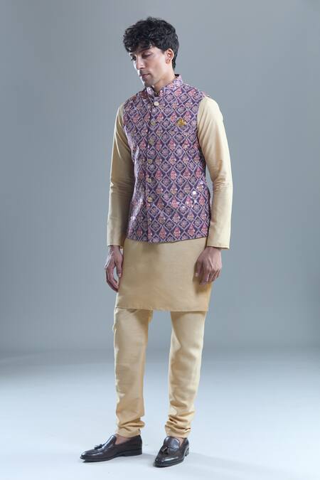 Arihant Rai Sinha Purple Cotton Embroidery, Sequins Floral Checkered Woven Nehru Jacket at Aza Fashions Arihant Rai Sinha_Purple Cotton Embroidery, Sequins Floral Checkered Woven Nehru Jacket _at_Aza_Fashions