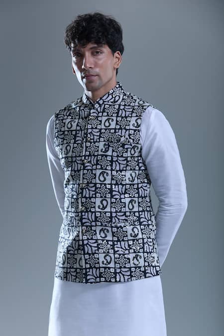 Arihant Rai Sinha_Black Cotton Sequins, Embroidery Paisley Print Nehru Jacket _Online_at_Aza_Fashions