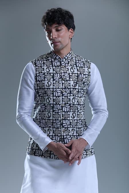 Buy_Arihant Rai Sinha_Black Cotton Sequins, Embroidery Paisley Print Nehru Jacket _Online_at_Aza_Fashions
