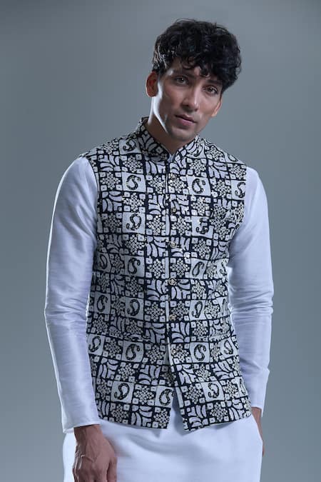 Shop_Arihant Rai Sinha_Black Cotton Sequins, Embroidery Paisley Print Nehru Jacket _Online_at_Aza_Fashions