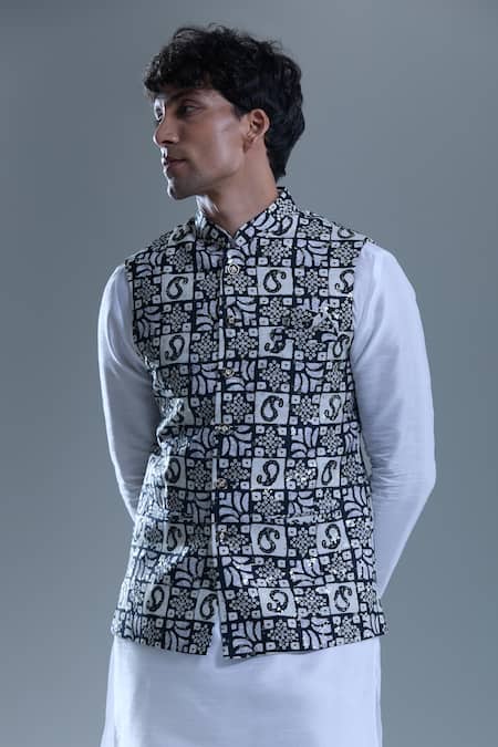 Arihant Rai Sinha_Black Cotton Sequins, Embroidery Paisley Print Nehru Jacket _at_Aza_Fashions