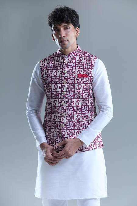 Arihant Rai Sinha_Pink Cotton Embroidery, Sequins Checkered Nehru Jacket _Online_at_Aza_Fashions