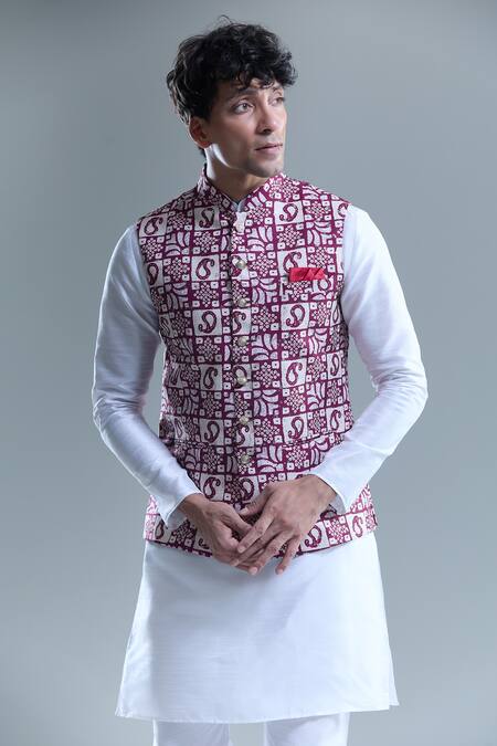 Buy_Arihant Rai Sinha_Pink Cotton Embroidery, Sequins Checkered Nehru Jacket _Online_at_Aza_Fashions