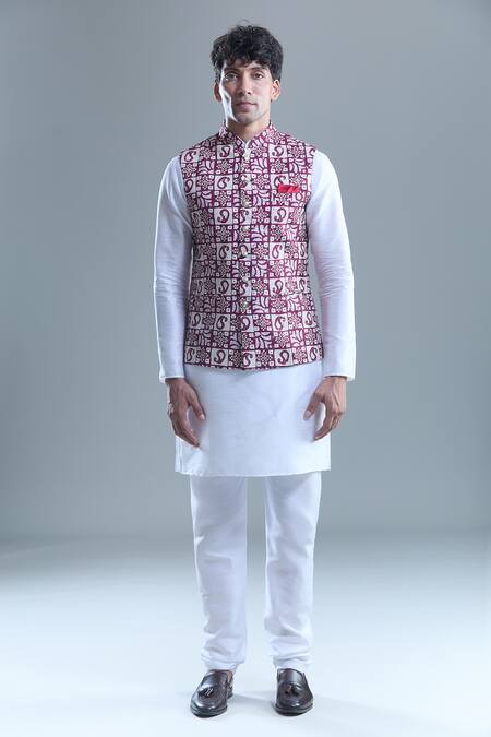 Shop_Arihant Rai Sinha_Pink Cotton Embroidery, Sequins Checkered Nehru Jacket _Online_at_Aza_Fashions