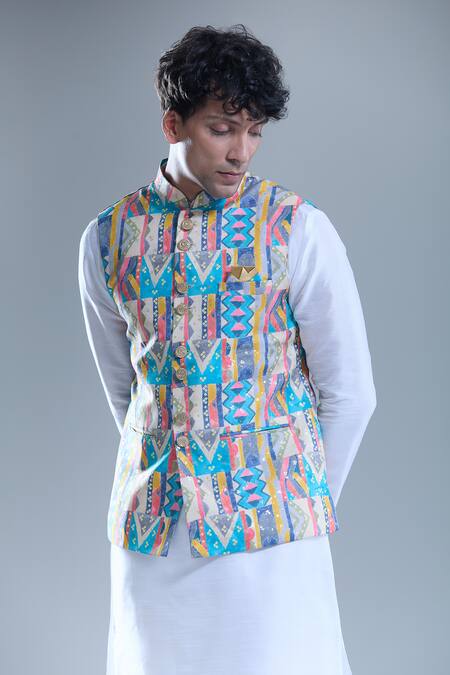 Arihant Rai Sinha Beige Cotton Multicolor Abstract Print Nehru Jacket Online at Aza Fashions Arihant Rai Sinha_Beige Cotton Multicolor Abstract Print Nehru Jacket _Online_at_Aza_Fashions