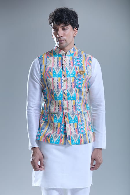 Shop Arihant Rai Sinha Beige Cotton Multicolor Abstract Print Nehru Jacket Online at Aza Fashions Shop_Arihant Rai Sinha_Beige Cotton Multicolor Abstract Print Nehru Jacket _Online_at_Aza_Fashions