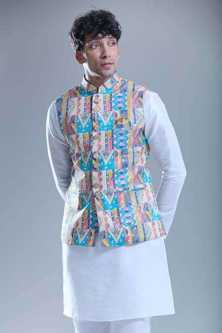 Arihant Rai Sinha Beige Cotton Multicolor Abstract Print Nehru Jacket at Aza Fashions Arihant Rai Sinha_Beige Cotton Multicolor Abstract Print Nehru Jacket _at_Aza_Fashions