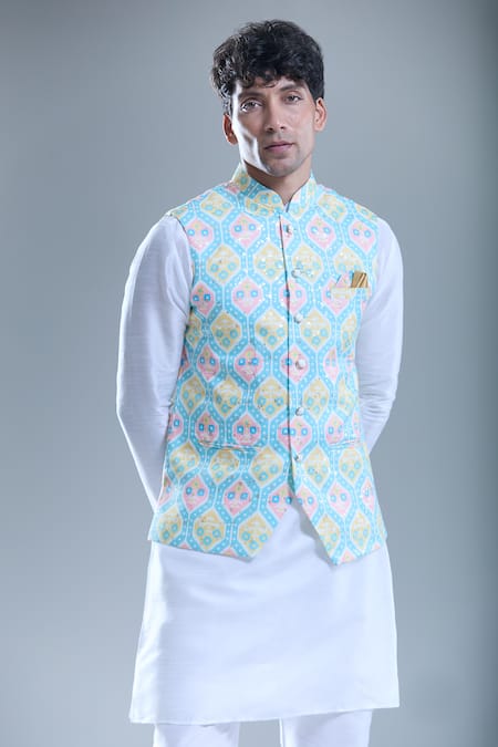 Arihant Rai Sinha_Blue Cotton Hexagon Print Nehru Jacket _Online_at_Aza_Fashions