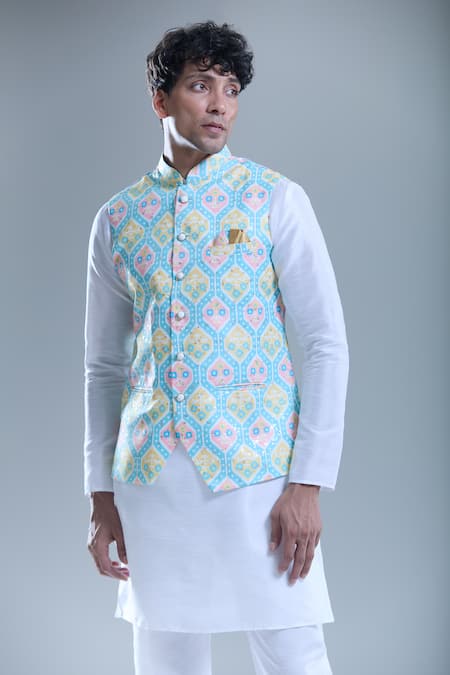 Buy_Arihant Rai Sinha_Blue Cotton Hexagon Print Nehru Jacket _Online_at_Aza_Fashions