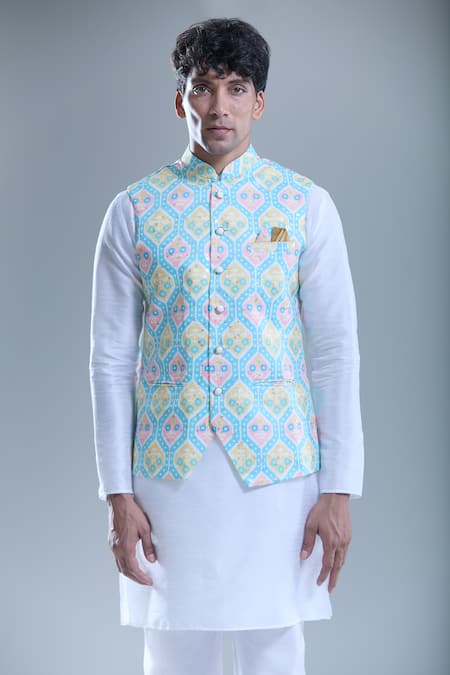 Shop_Arihant Rai Sinha_Blue Cotton Hexagon Print Nehru Jacket _Online_at_Aza_Fashions