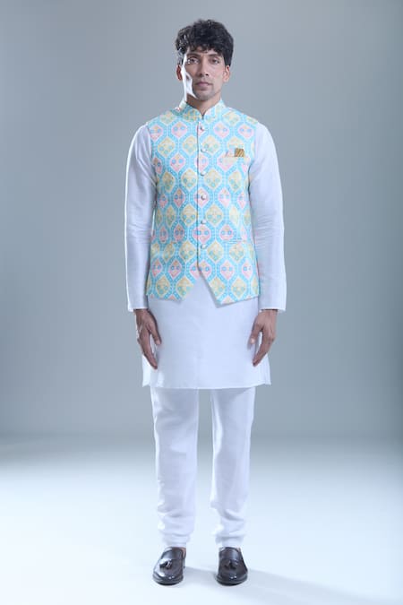 Arihant Rai Sinha_Blue Cotton Hexagon Print Nehru Jacket _at_Aza_Fashions