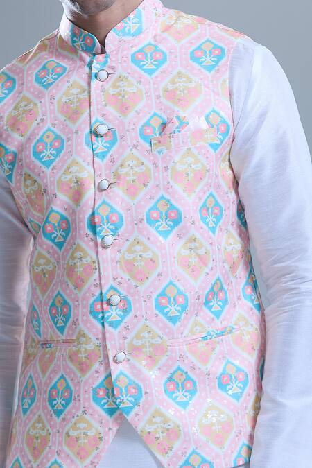 Arihant Rai Sinha_Pink Cotton Hexagon Printed Nehru Jacket _Online_at_Aza_Fashions
