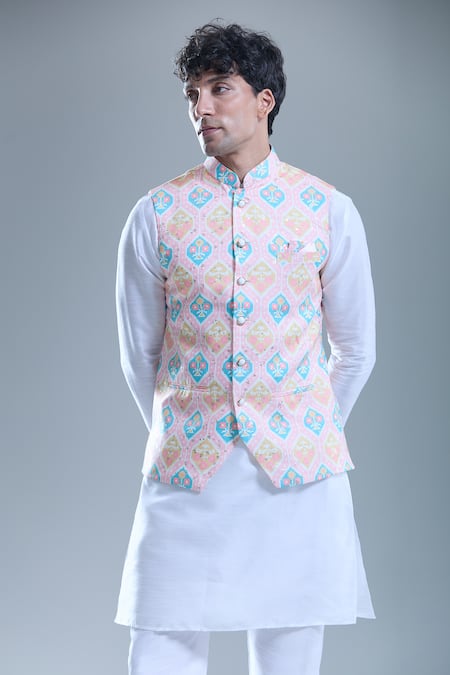 Buy_Arihant Rai Sinha_Pink Cotton Hexagon Printed Nehru Jacket _Online_at_Aza_Fashions