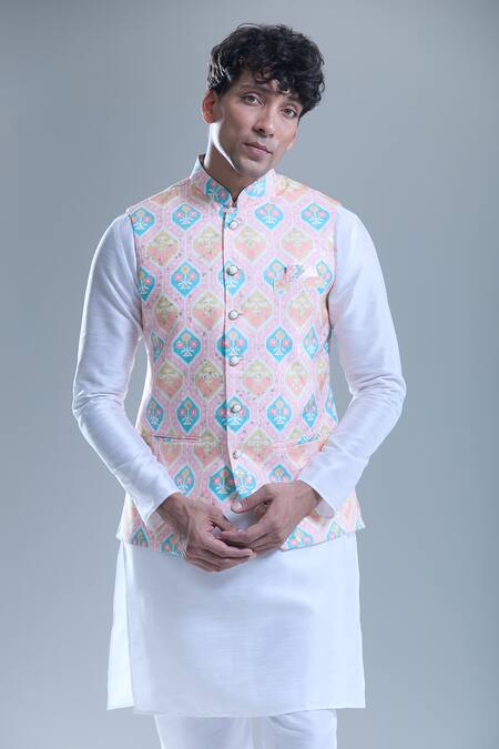 Shop_Arihant Rai Sinha_Pink Cotton Hexagon Printed Nehru Jacket _Online_at_Aza_Fashions
