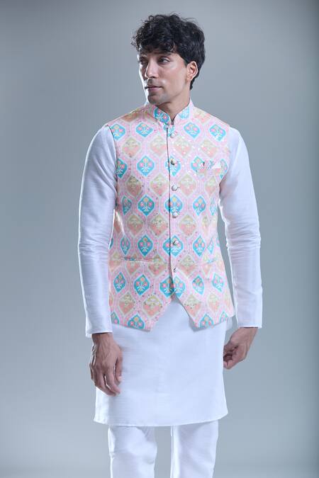Arihant Rai Sinha_Pink Cotton Hexagon Printed Nehru Jacket _at_Aza_Fashions