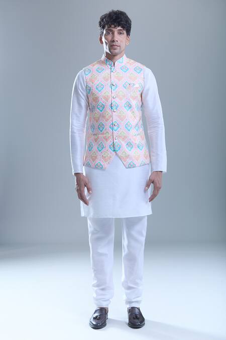Buy_Arihant Rai Sinha_Pink Cotton Hexagon Printed Nehru Jacket 