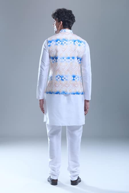 Shop_Arihant Rai Sinha_Beige Cotton Geometric Print Nehru Jacket _at_Aza_Fashions