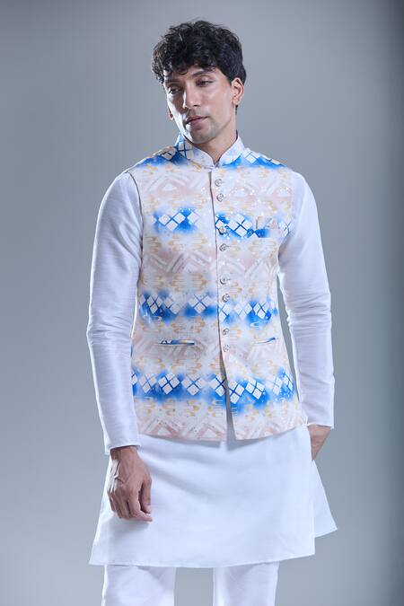 Arihant Rai Sinha_Beige Cotton Geometric Print Nehru Jacket _Online_at_Aza_Fashions