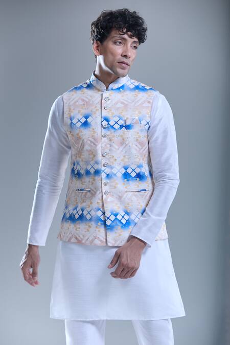 Buy_Arihant Rai Sinha_Beige Cotton Geometric Print Nehru Jacket _Online_at_Aza_Fashions