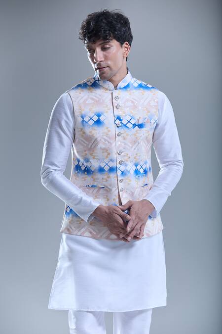 Shop_Arihant Rai Sinha_Beige Cotton Geometric Print Nehru Jacket _Online_at_Aza_Fashions