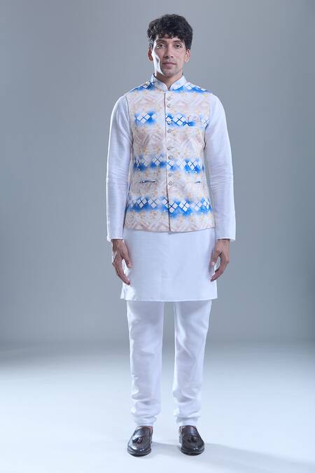 Arihant Rai Sinha_Beige Cotton Geometric Print Nehru Jacket _at_Aza_Fashions