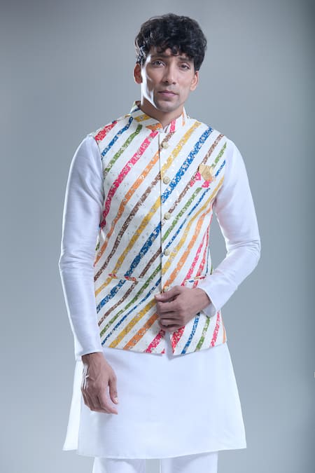 Arihant Rai Sinha_Cream Cotton Stripe Print Nehru Jacket _Online_at_Aza_Fashions