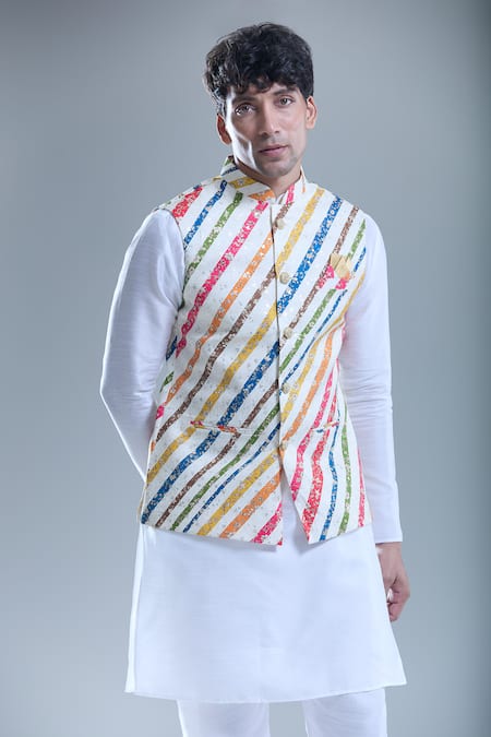 Buy_Arihant Rai Sinha_Cream Cotton Stripe Print Nehru Jacket _Online_at_Aza_Fashions